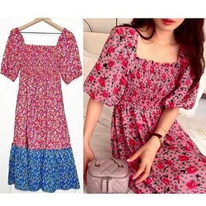 NWT HOUSE OF HARLOW Floral Smocked Puff Short Sleeve Ruffle Tiered Maxi Dress XS